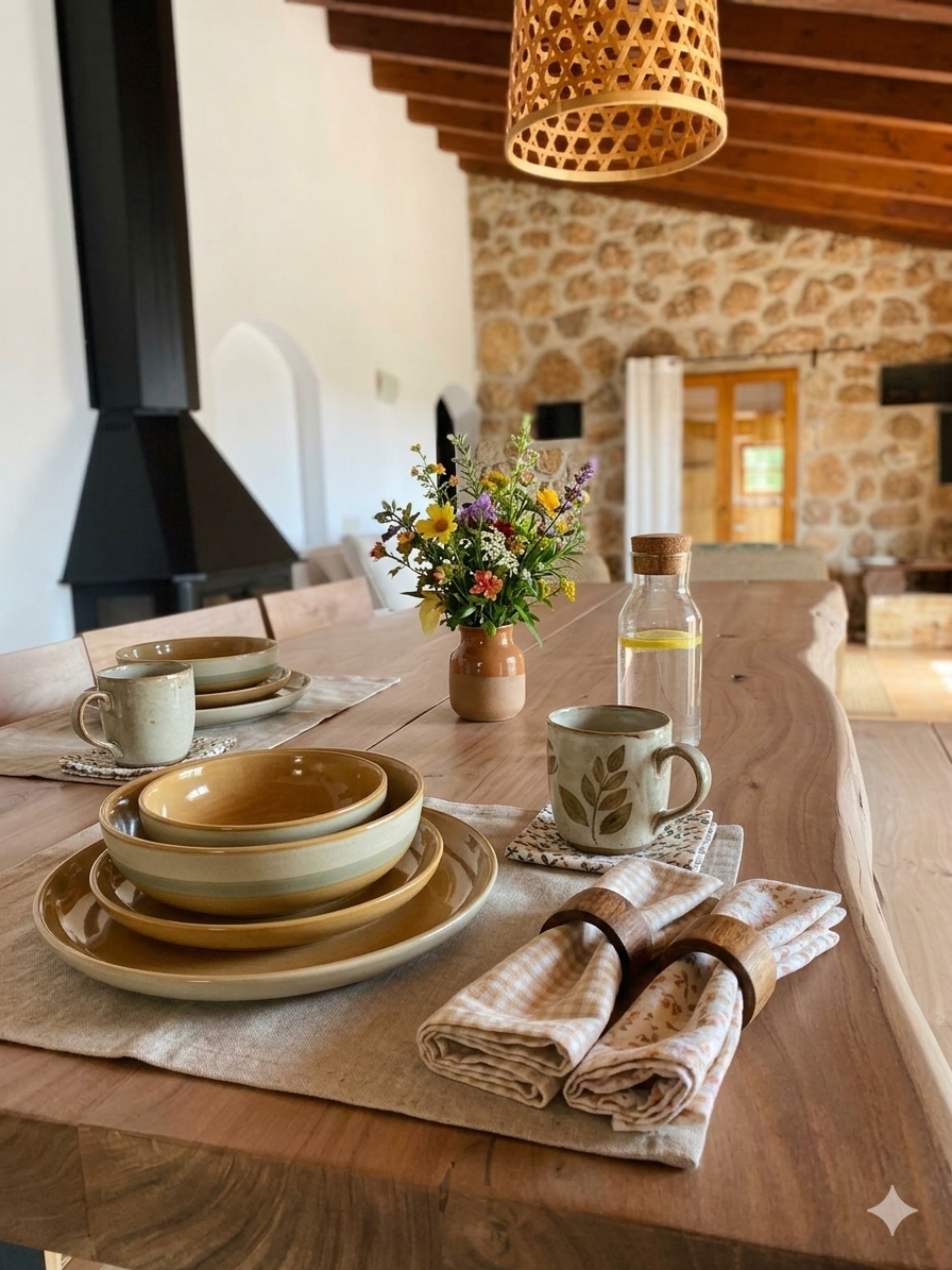 Esstisch mit Kamin und Naturstein­wand